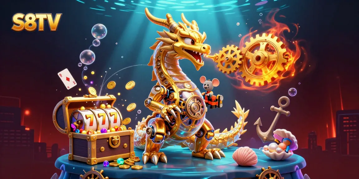 S8TV showcases an engaging scene of a golden dragon surrounded by vibrant casino elements, illustrating casino excitement.