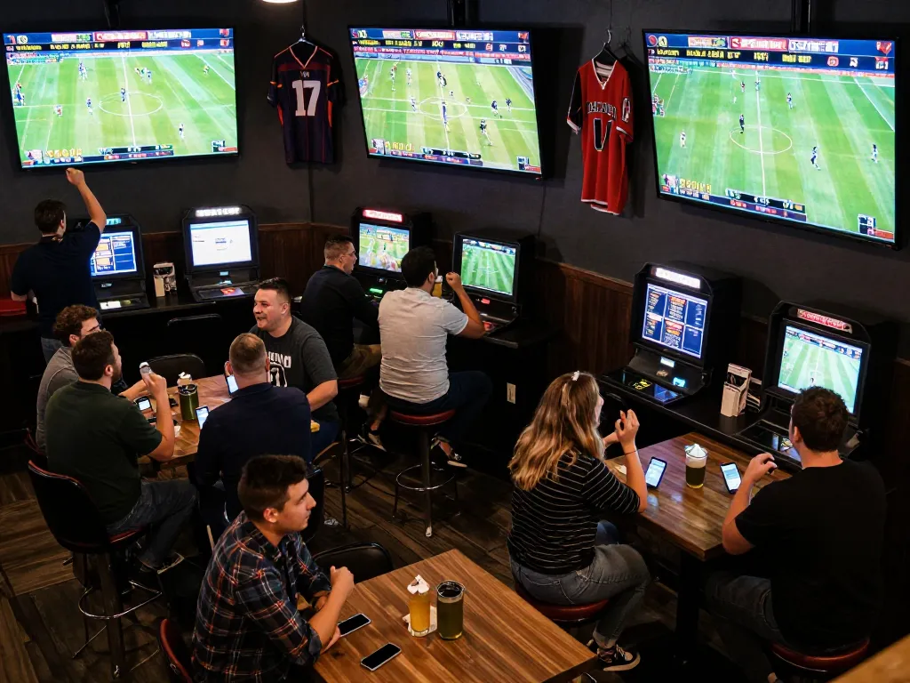F8BET sports betting excitement with patrons placing bets and celebrating wins at an energetic venue