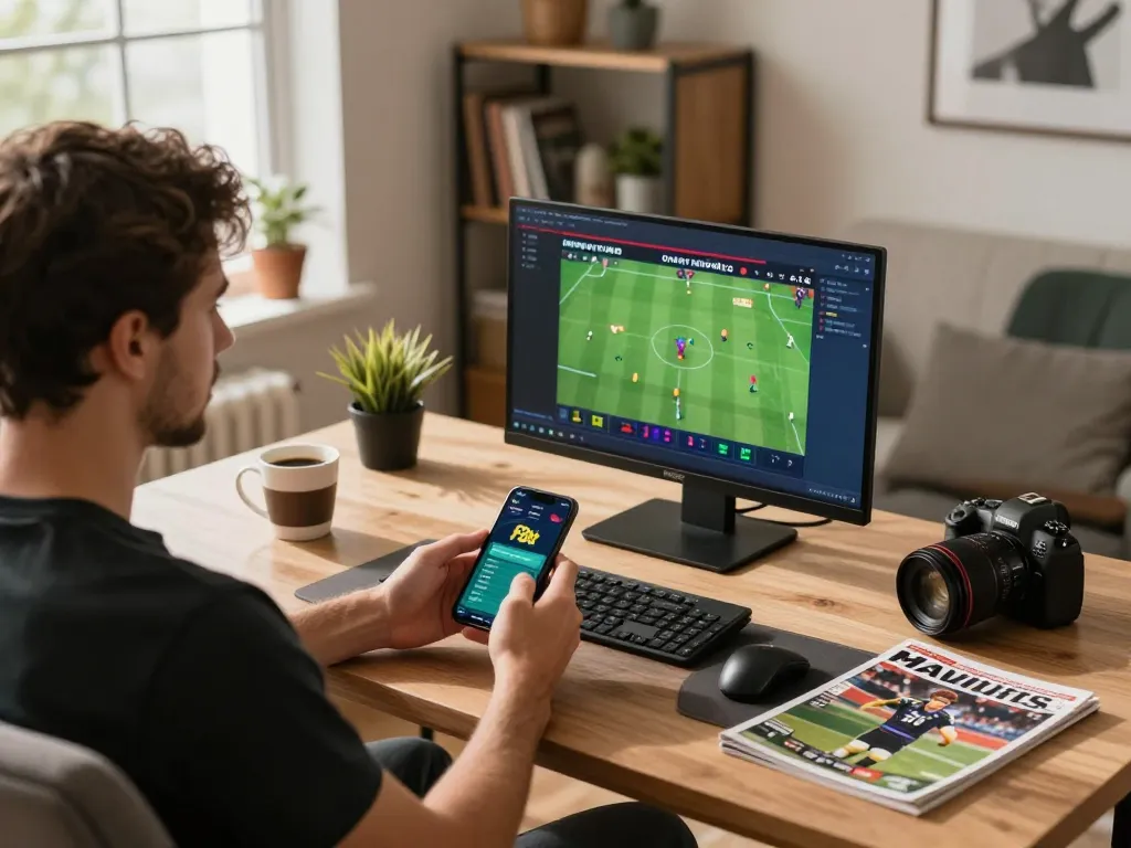 Engaging with F8bet mobile betting app at a stylish home desk, showcasing online gambling.