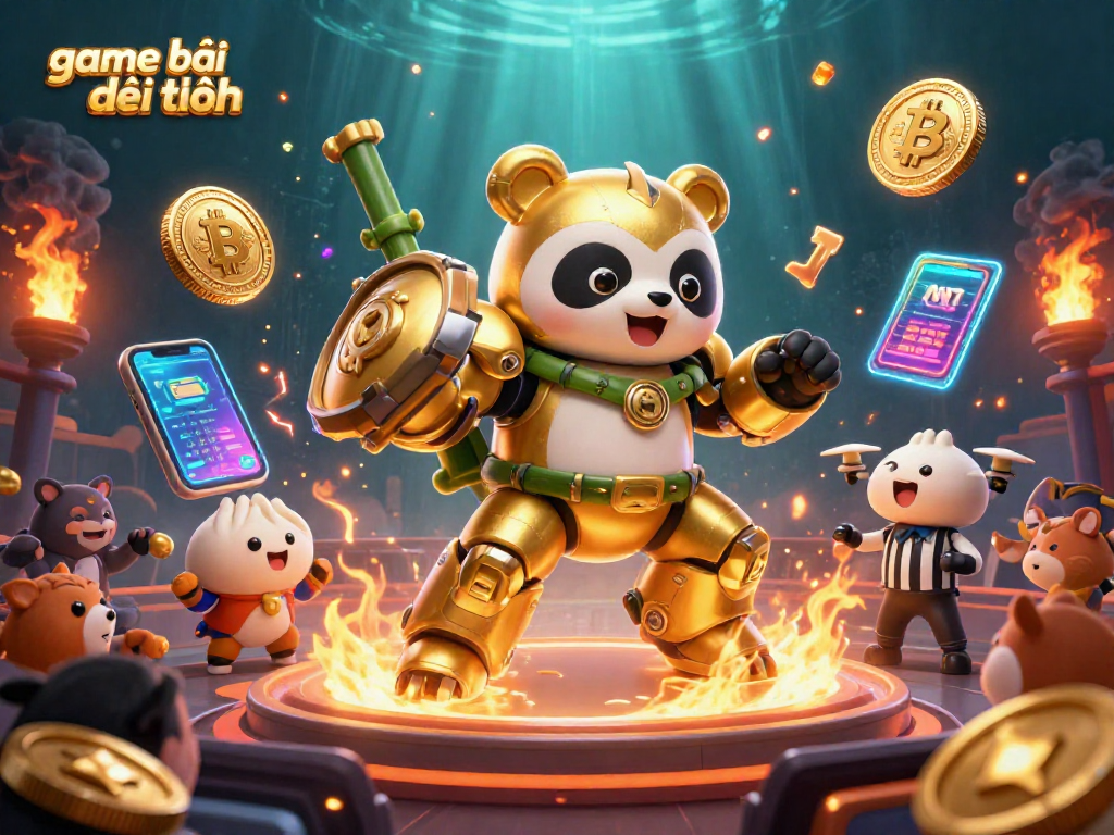 Engage in the thrilling game bài đổi thưởng with a golden panda in a mech-suit and crypto elements.