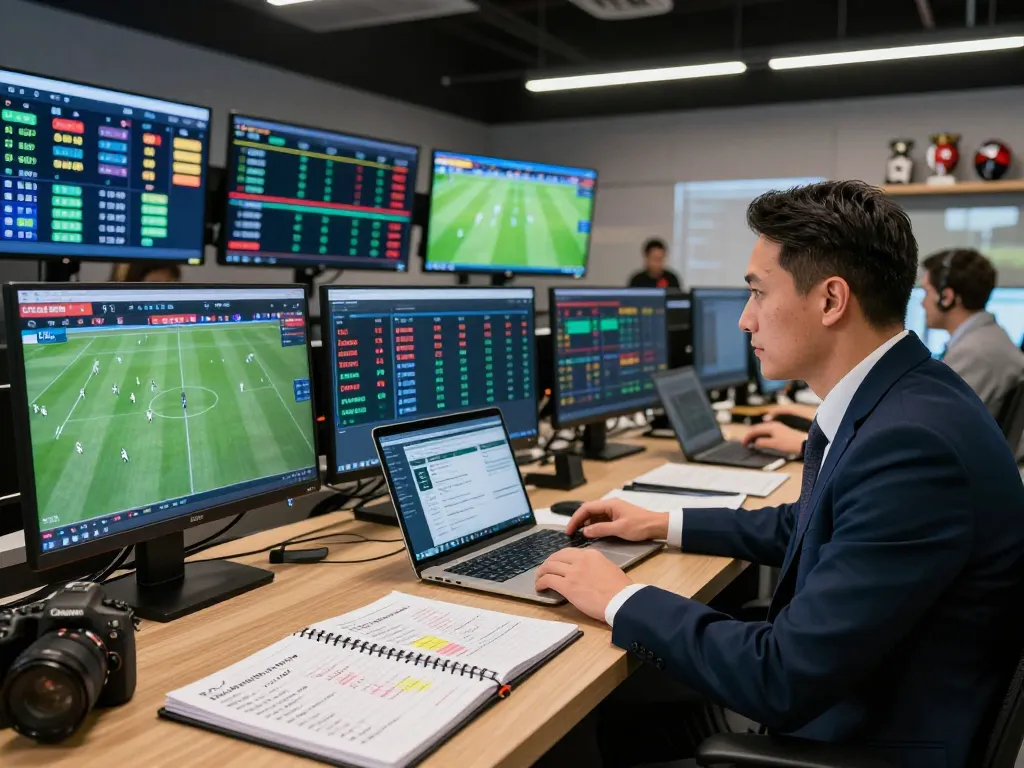 Professional soccer tipsters analyzing match stats and betting trends in a modern office