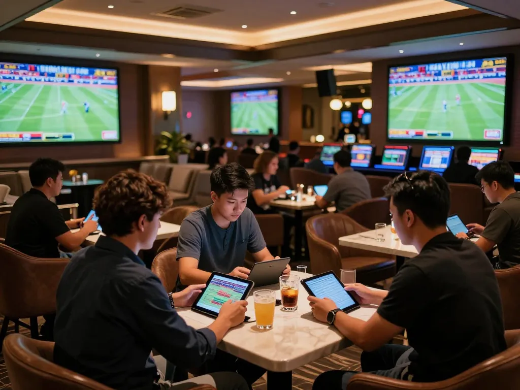 Engaged bettors at twiin68 experiencing the thrill of live sports betting in a luxurious lounge.