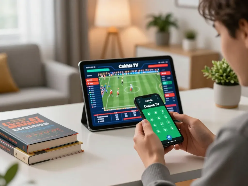 Engaging in sports betting on Cakhia TV, smartphone in hand, showcasing thrilling betting experience.