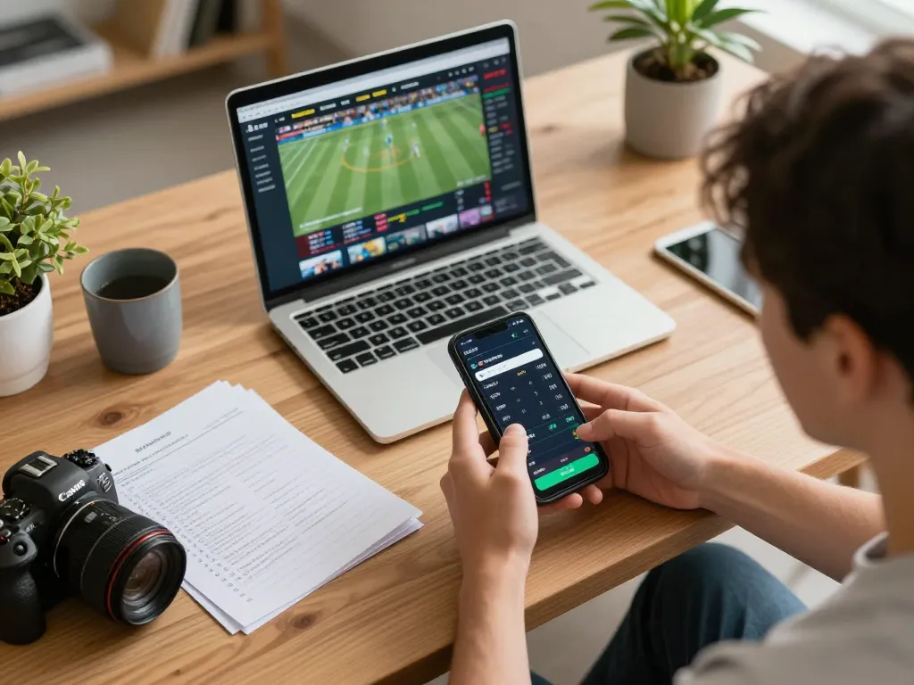 Engaged user exploring tỷ lệ kèo nhà cái hôm nay on smartphone for live sports betting.