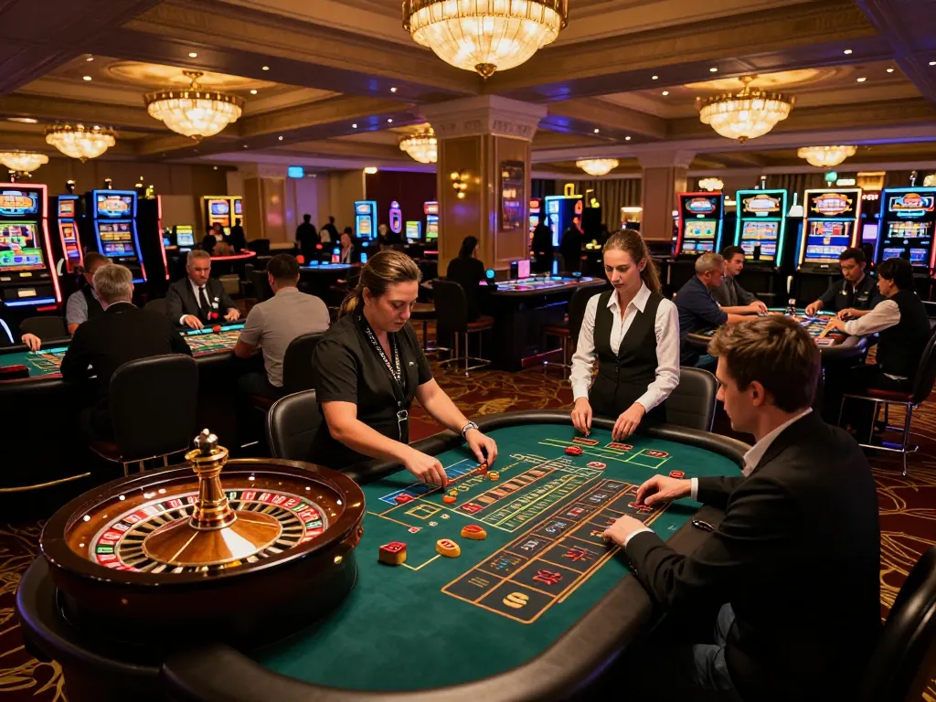 Players enjoying the thrilling games at 999bet's upscale casino floor, with roulette action and vibrant atmosphere evident.
