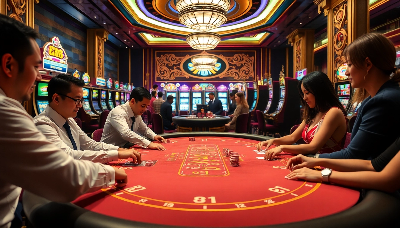 Play blackjack at E28 Malaysia's luxurious casino, surrounded by colorful slot machines.