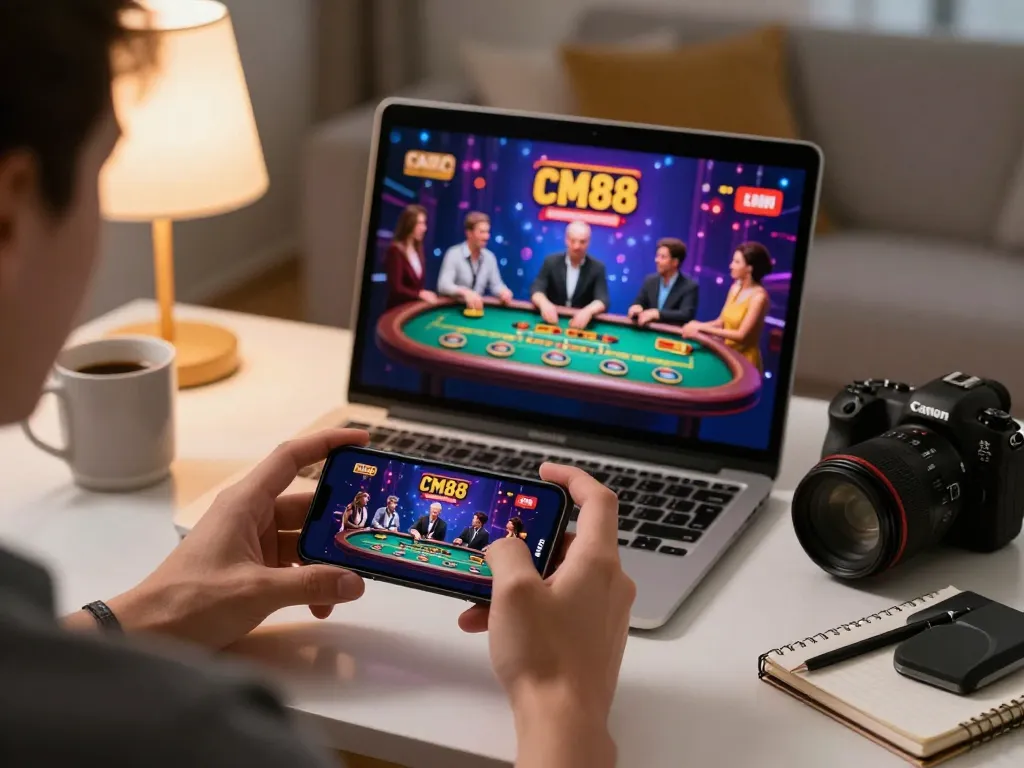 Player engaging with CM88 app on smartphone in cozy home setting, emphasizing responsible gambling.