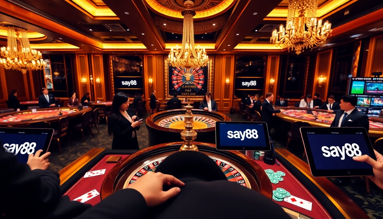 Excited players engaging at a casino table featuring say88 logo, roulette wheel, and poker chips.