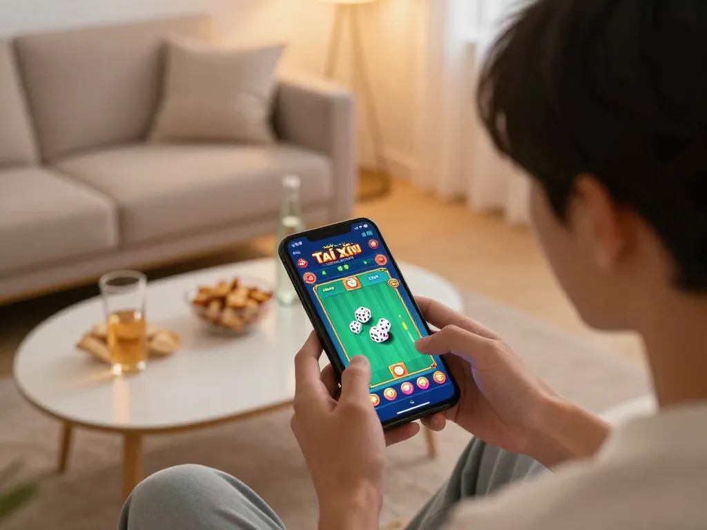Player engaging with a Tài Xỉu online game on their smartphone while relaxing at home.