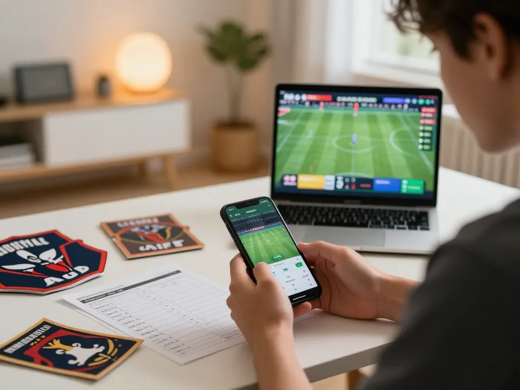 Engaging in sports betting on smartphone, highlighting uu88 online gambling experience in a cozy setup.