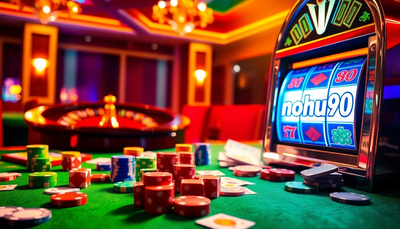 Engaging gameplay at a luxurious casino featuring nohu90 slot machines and poker elements.