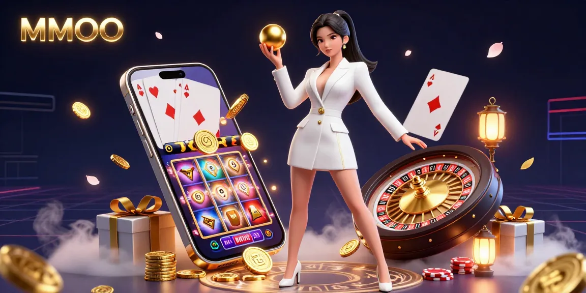 Experience the thrill of MMOO with a glamorous casino scene featuring a confident Asian woman and rich gaming elements.