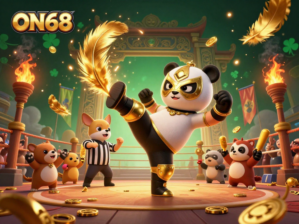 Experience the excitement of ON68 with a dynamic scene of a wrestling panda and counting chihuahua in a vibrant casino atmosphere.