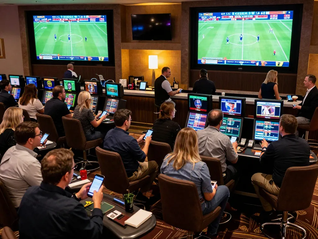 Excited patrons at KQBD betting area intensely following live football matches on screens and using mobile devices