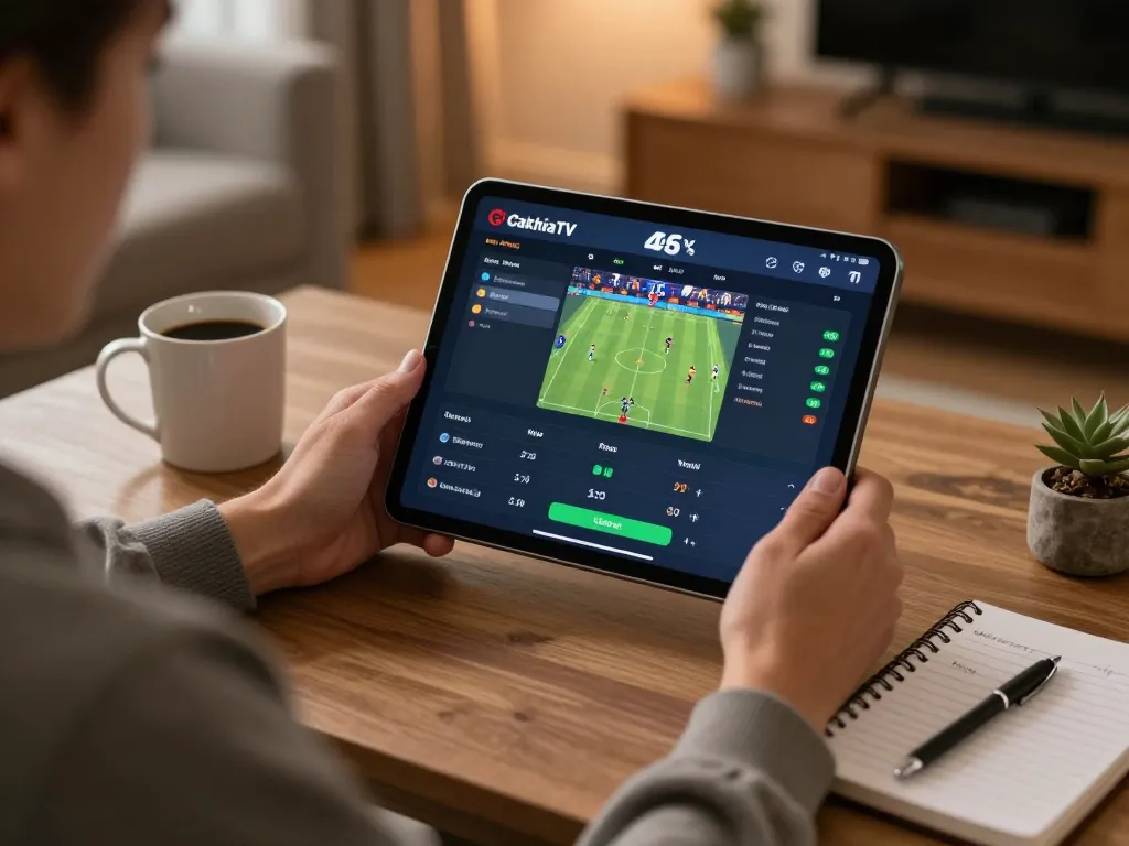 CakhiaTV user placing a bet on sports in a cozy home setup with tablet in hand.