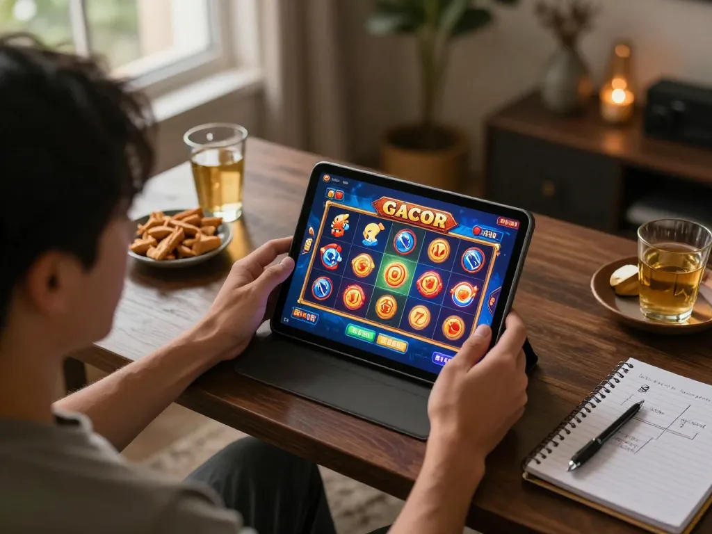 Engaging gameplay on slot gacor as a player celebrates a big win on their tablet at home.