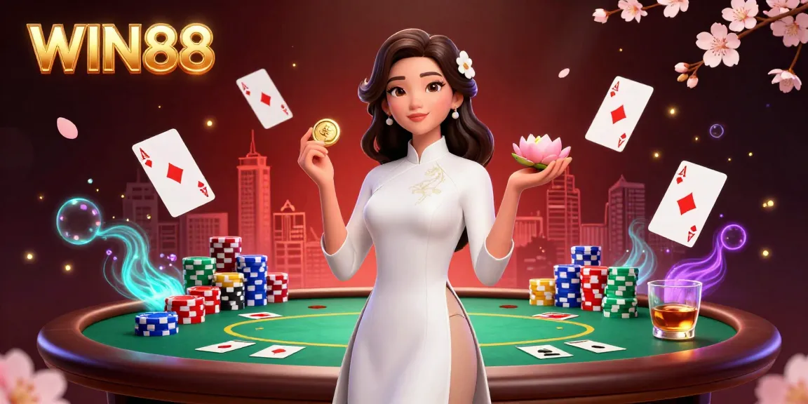 Experience the excitement of WIN88 with dynamic poker games and elegant visuals featuring an Asian woman holding symbols of luck and wealth.