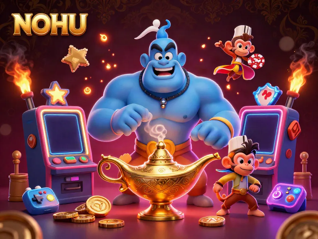 Spin the reels with NOHU in a vibrant casino scene featuring a blue genie and magic carpet.