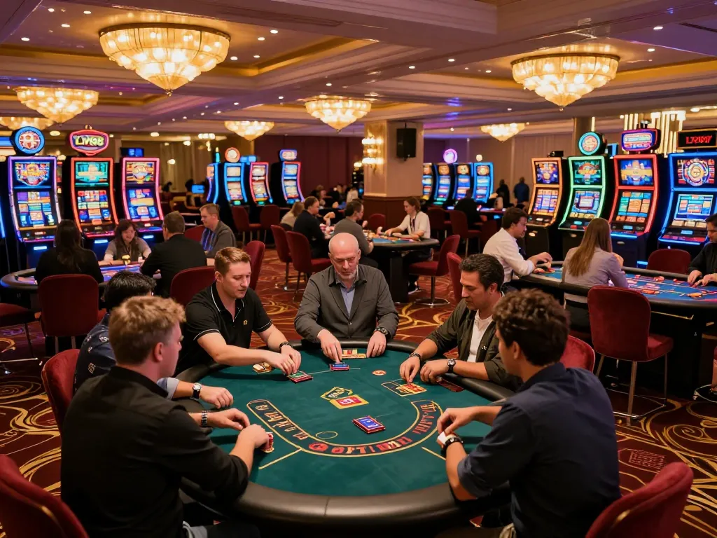 Players enjoying their time at LV88 casino, engaged in games amidst a lively casino atmosphere.