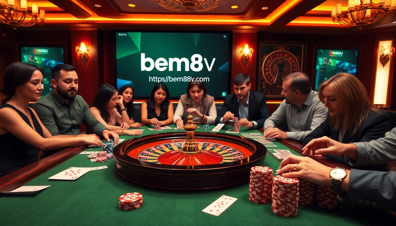 Experience the excitement at https://bem88v.com/ with a vibrant casino table scene featuring roulette and poker games.