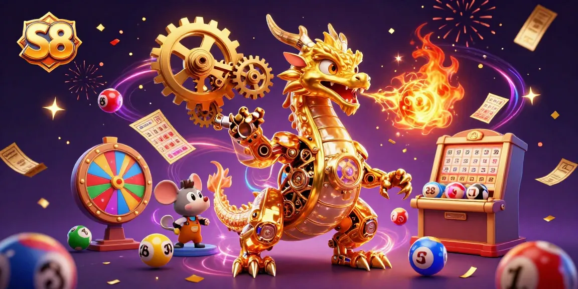 S8 interactive 3D cartoon scene with a golden dragon, vibrant lottery elements promoting online gambling excitement.