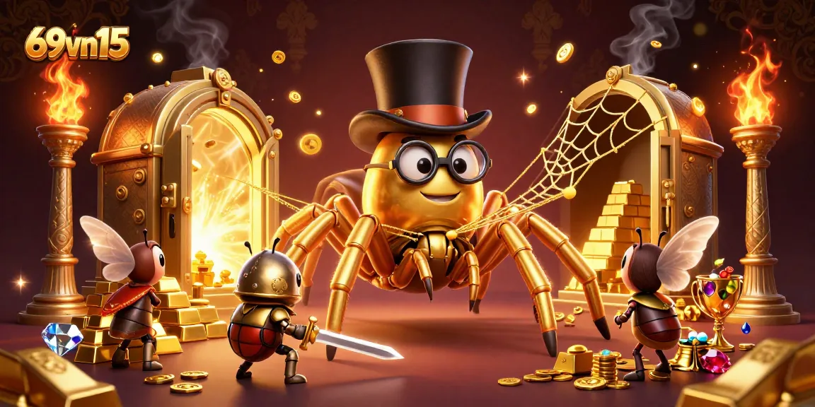 Engage in thrilling moments with 69vn15 while immersing in a vibrant casino adventure featuring a golden tarantula and beetle knight.