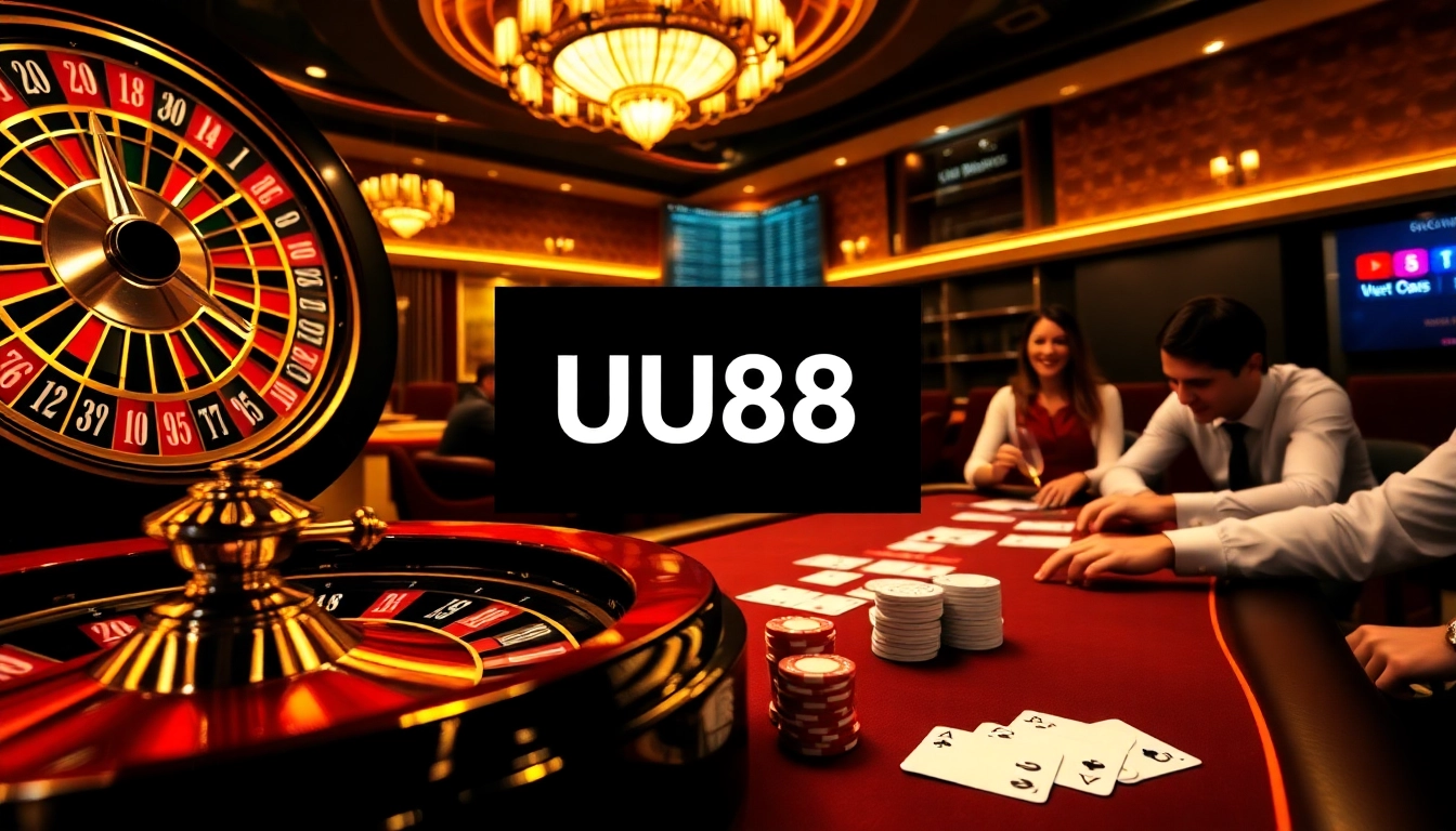 Experience the excitement of UU88 with vibrant casino elements like poker chips and a roulette wheel.
