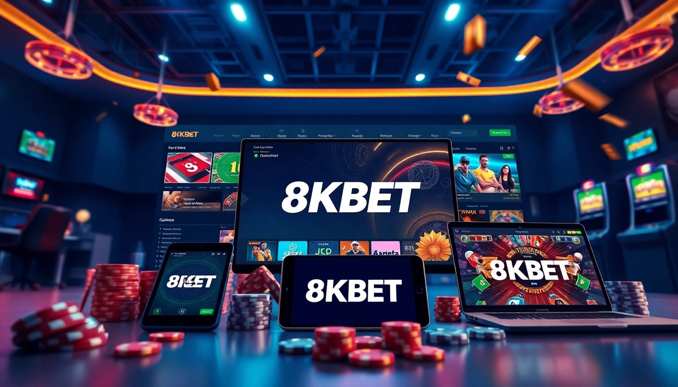 8KBET online gambling platform showcasing diverse games, vibrant and trustworthy atmosphere.