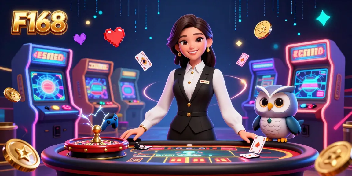 F168 dealer engaging players with exciting casino games, surrounded by vibrant 3D elements.
