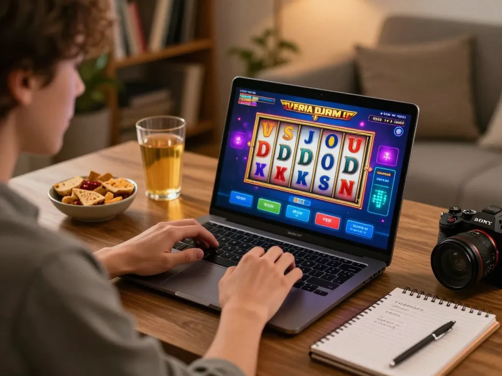 Engaging gameplay at Jun88 with colorful slot reels visible on a laptop screen in a cozy home setting
