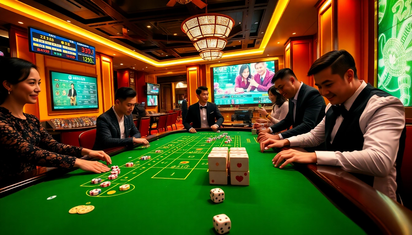 Experience the thrill of Tài xỉu MD5 as players place bets at an elegant casino table.