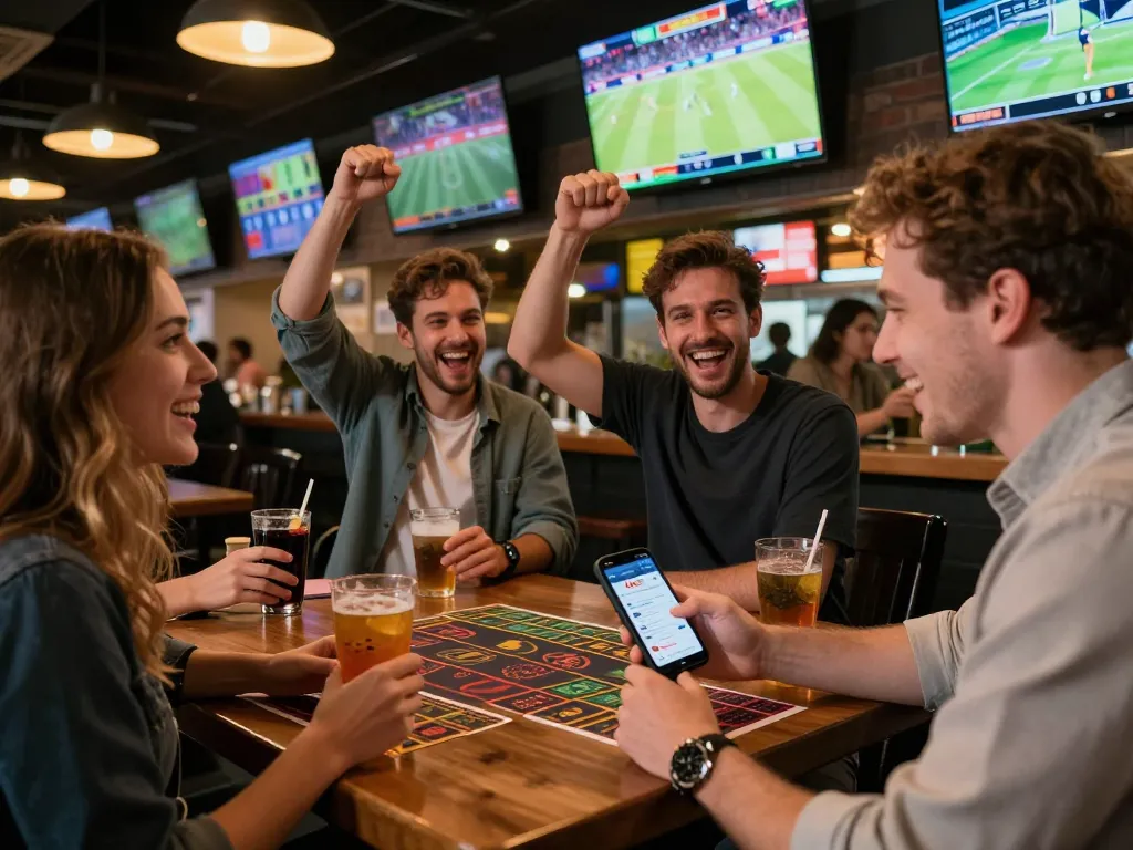 Engaged bettor using the bsport app to place a live sports bet in a bustling bar.