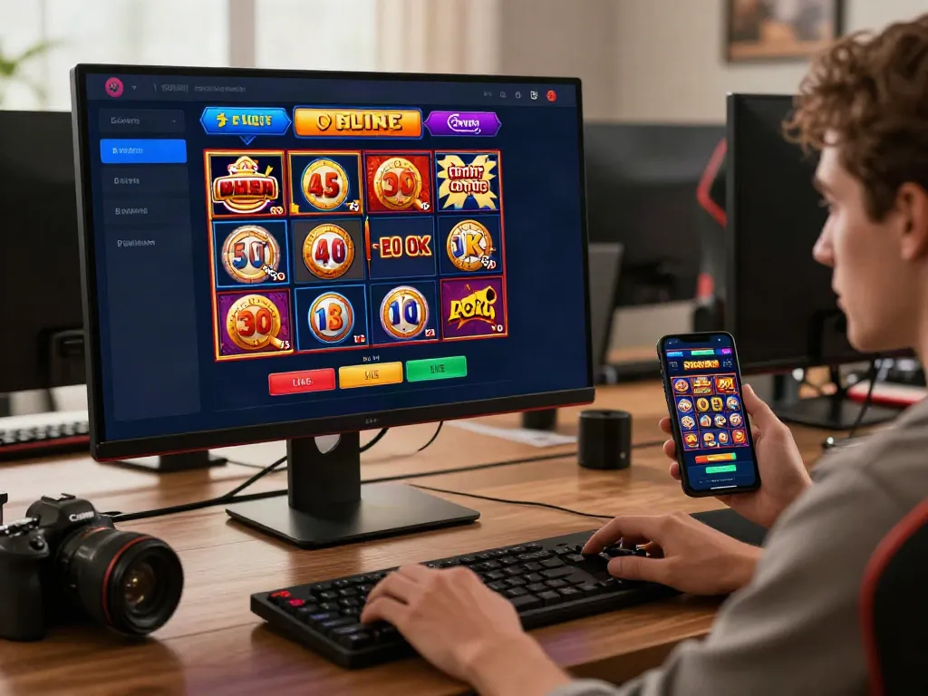 Engaging scene of a player enjoying da88 online gaming on a computer and mobile device, showcasing vibrant casino interface.