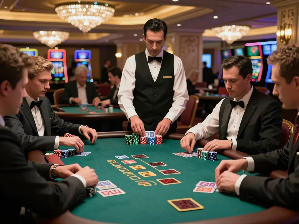 Players engaging in strategic blackjack gameplay at sunwin casino table with elegant decor and ambient lighting.