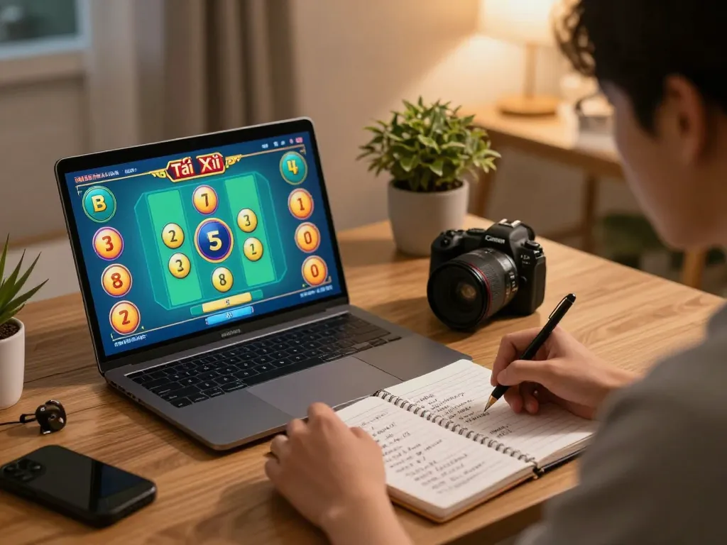 Player calculating odds on taixiuonline8 while engaging in online Tài Xỉu game at home.