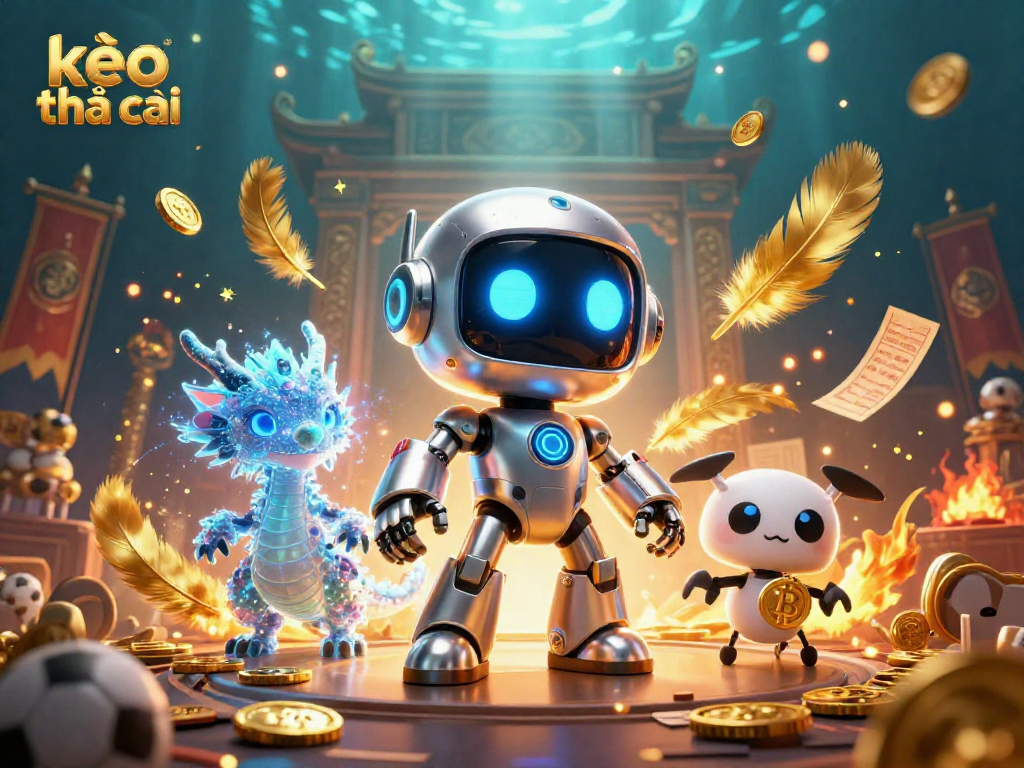 Betting with kèo nhà cái: A vibrant 3D casino scene featuring a neon cyberpunk robot and dynamic sports betting elements.
