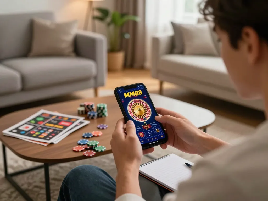 Engaging MM88 online casino gaming moment with a player enjoying mobile slots in a cozy living room