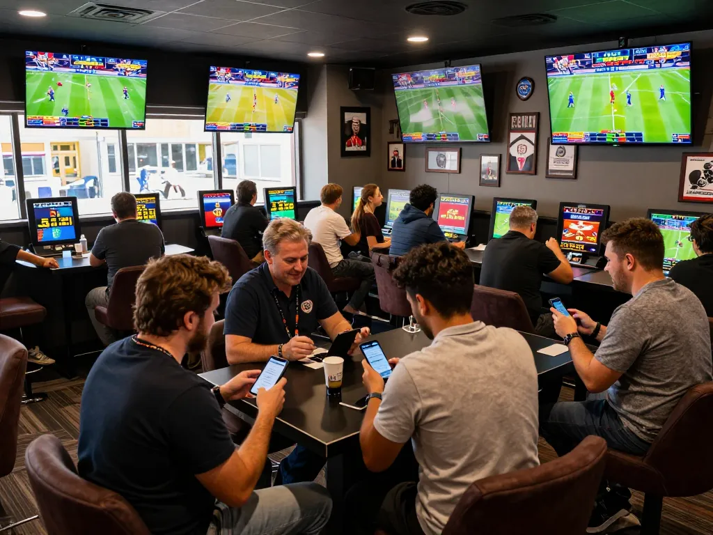 Exciting sports betting scene at Hitclub with fans placing bets amidst live game displays