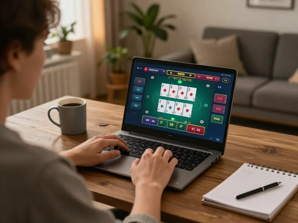 Engaging in online gambling at VS555 Bangladesh with laptop on a stylish desk.