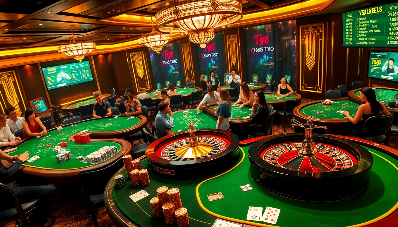 Gamblers enjoying a thrilling game at TG88's vibrant and luxurious casino tables, filled with excitement.