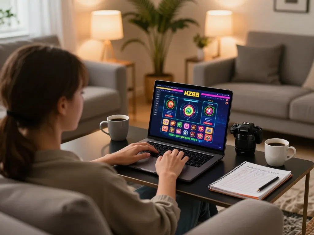 Player engaging in online gameplay at HZ88 casino from a cozy home setup, laptop showing bright game interface.