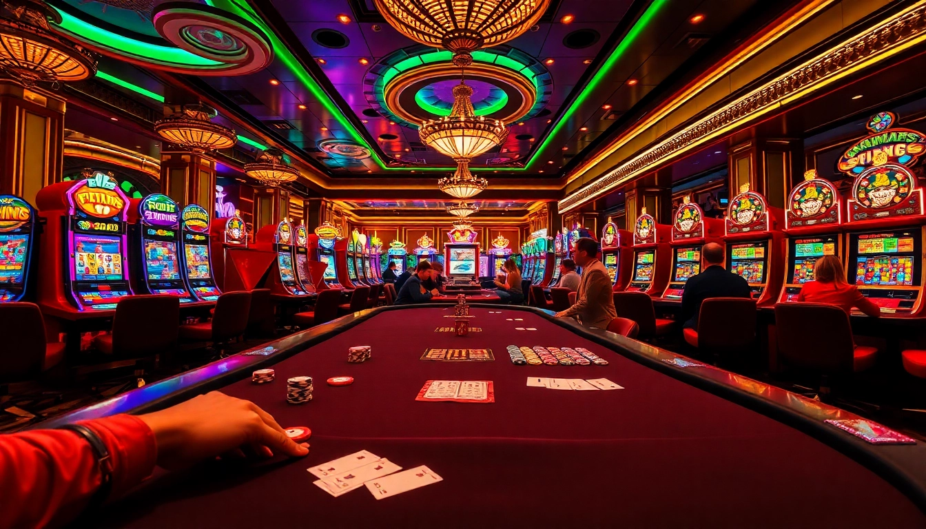 Players enjoying an immersive gambling experience at 789club with vibrant slot machines and poker tables.