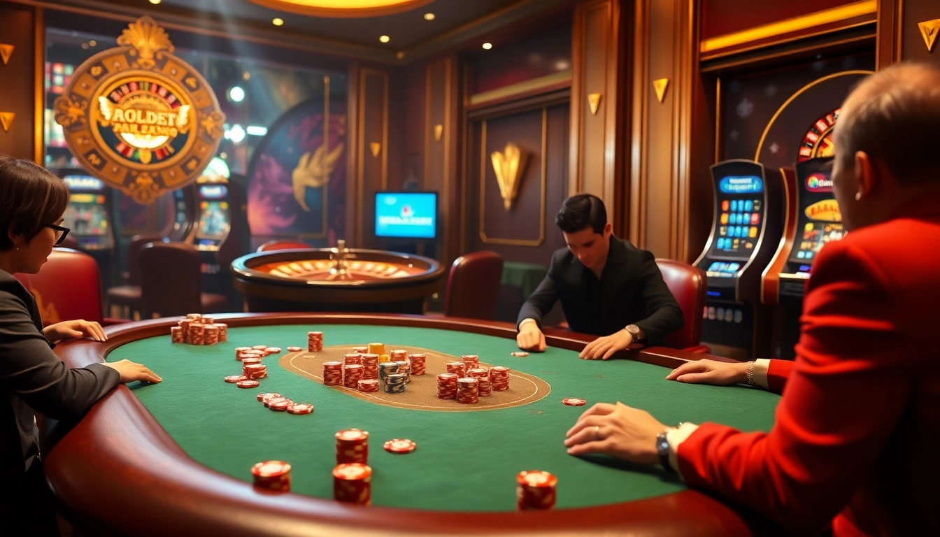Exciting RR88 casino scene with poker table, roulette wheel, and vibrant slot machine fun.