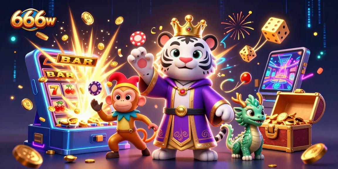 Experience thrilling gameplay at 666w, showcasing an active casino with a jackpot explosion and vibrant characters.