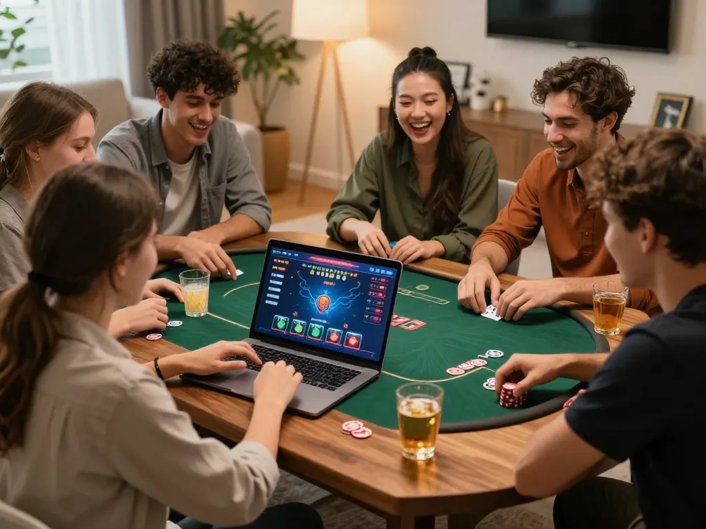 Friends enjoying a lively poker session online with sunwin, showcasing a relaxed home environment.