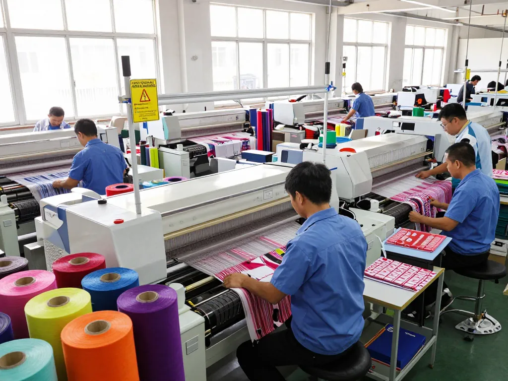 Textile manufacturing process showcasing sunwin fabrics and skilled workers in a vibrant factory environment.