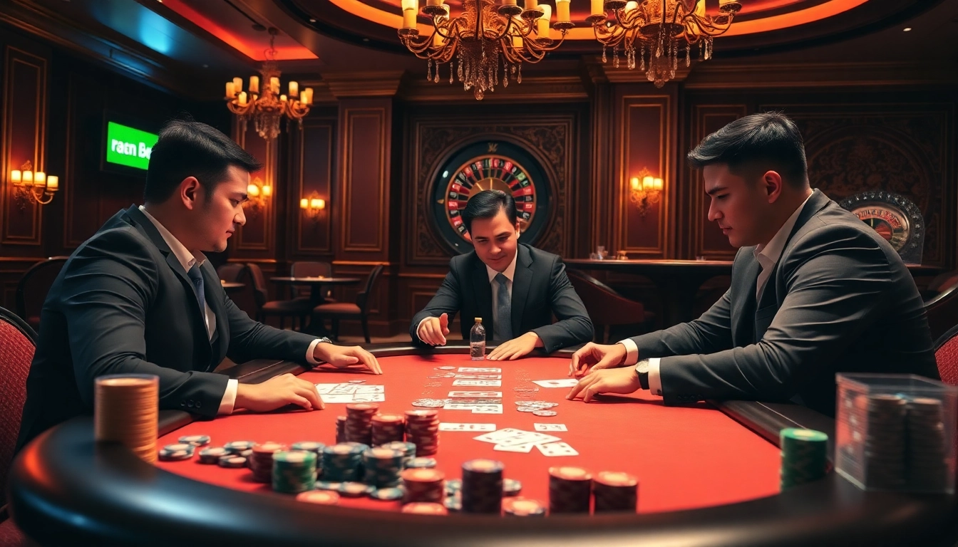 Engaged players at a luxury TG88 online casino table, showcasing poker strategies with colorful chips.