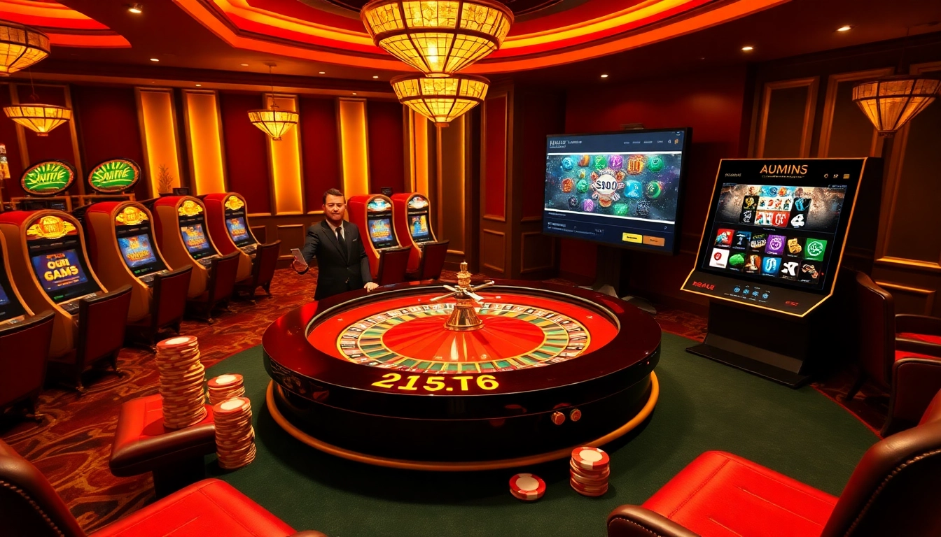 Experience thrilling gameplay at https://nohu90k.com/ with a vibrant casino setting, featuring roulette and slot machines.