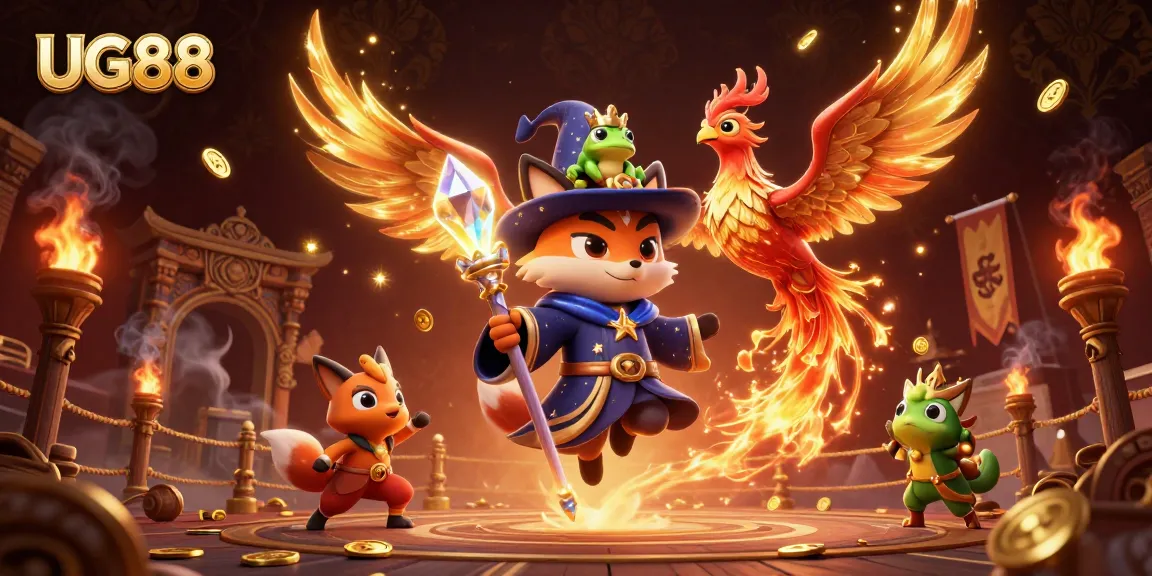 Engage in thrilling bets with UG88 at a dynamic casino scene featuring magical characters.
