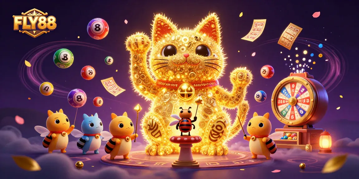 Experience the excitement of FLY88, featuring a lucky cat and glowing golden fireflies in this vibrant casino scene.